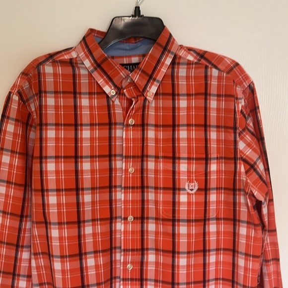 Chaps Long Sleeve Button Down Sz Lrg Plaid Orange White Nvy Blue - Picture 2 of 6